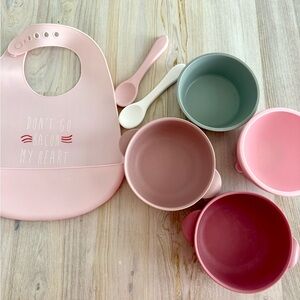 Silicone Baby Feeding Set with Pink Bib, Bowls & spoons